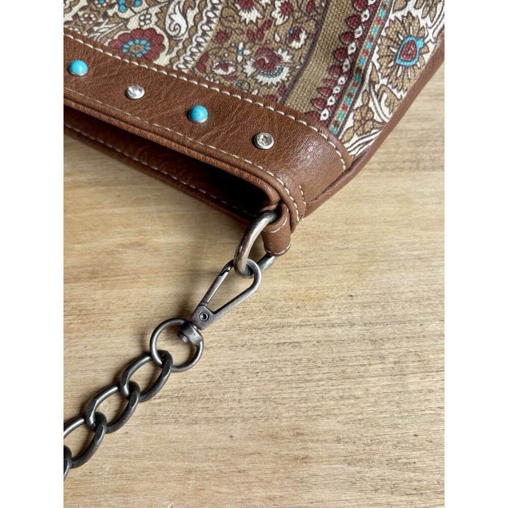 Brown Turquoise Studded Fringe Western Boho Chain Crossbody Shoulder Bag - Picture 11 of 12